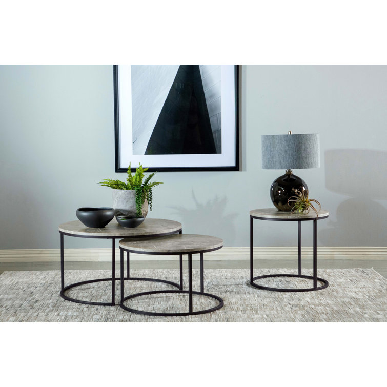 Contemporary Lainey 23" Round End Table with Faux Marble Top in Gray/Gunmetal