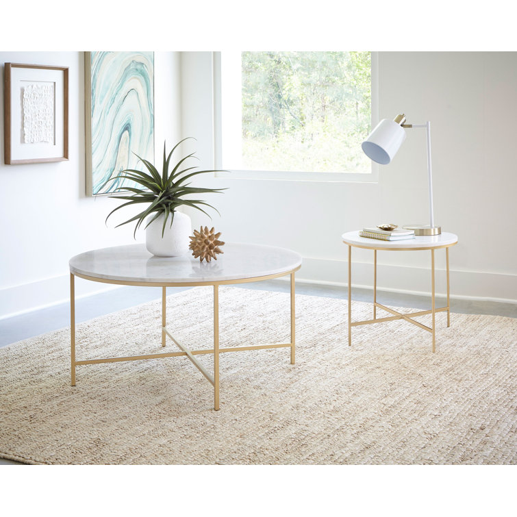 Ellison 36" Round White Marble and Gold Metal Coffee Table