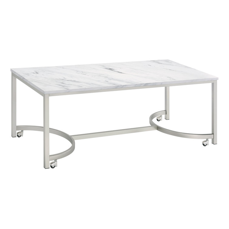 Contemporary Mobile Rectangular Coffee Table in Faux Marble and Satin Nickel