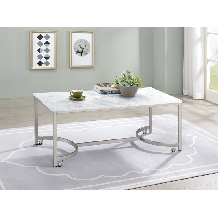 Contemporary Mobile Rectangular Coffee Table in Faux Marble and Satin Nickel
