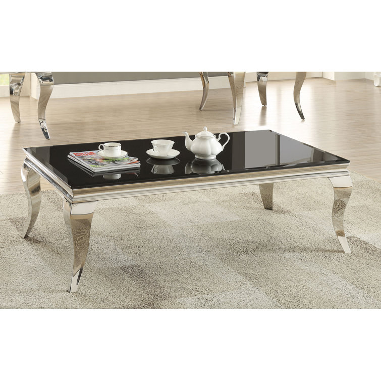 28'' Rectangular Lift-Top Coffee Table with Beveled Black Glass and Silver Metal Frame