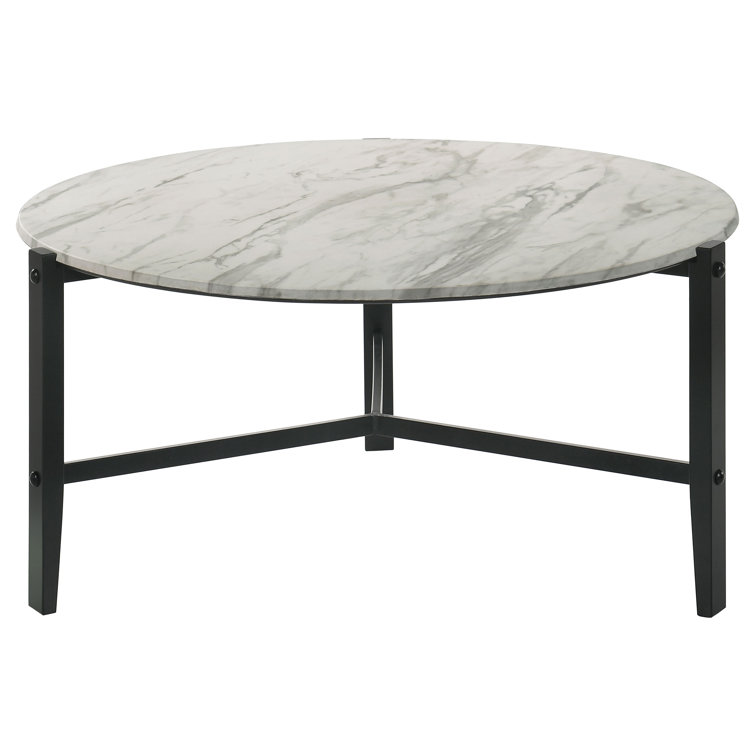 Transitional 36'' Round Coffee Table with Black Metal and White Marble