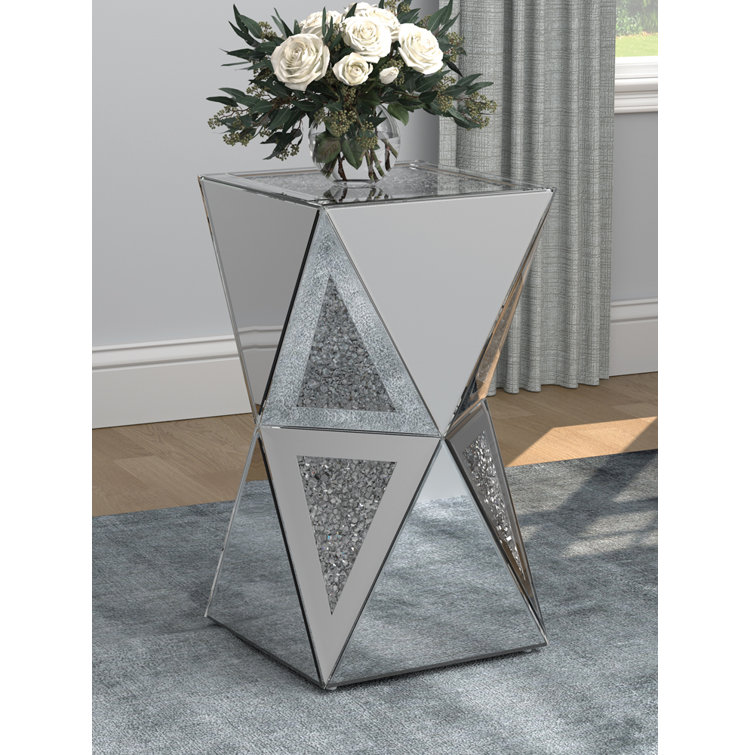 Geometric Silver Mirrored Square Pedestal End Table