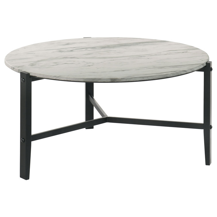Transitional 36'' Round Coffee Table with Black Metal and White Marble
