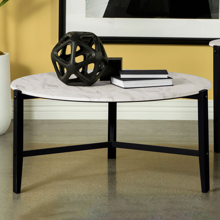 Transitional 36'' Round Coffee Table with Black Metal and White Marble