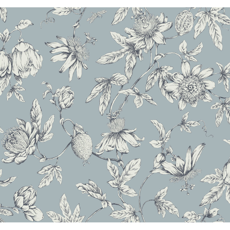 Navy Passion Flower Toile Non-pasted Wallpaper
