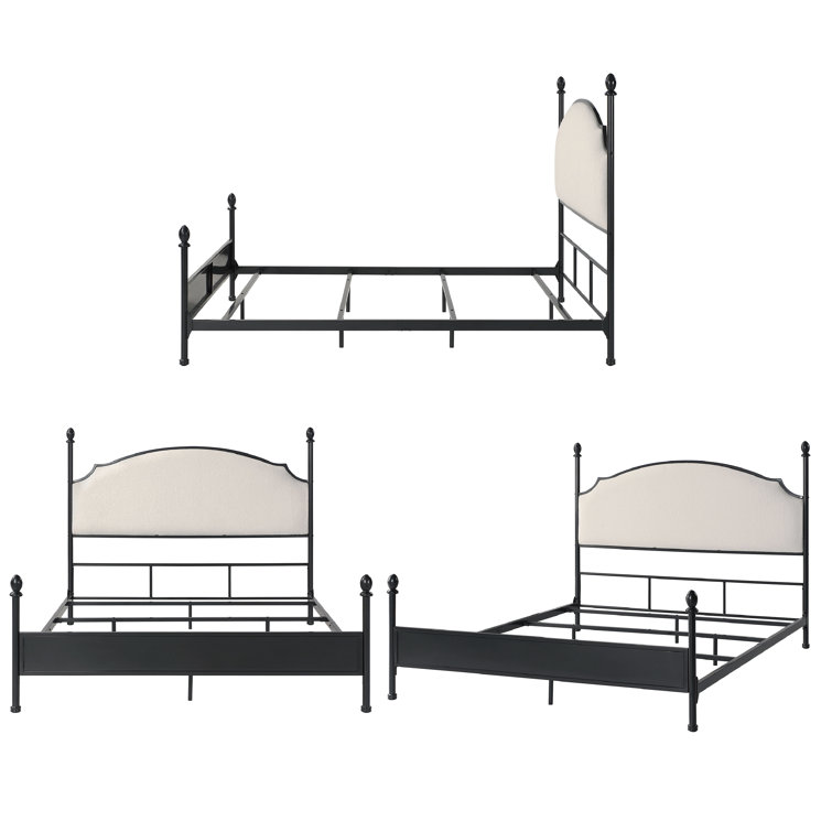King Black Metal Four Poster Bed with Upholstered Headboard
