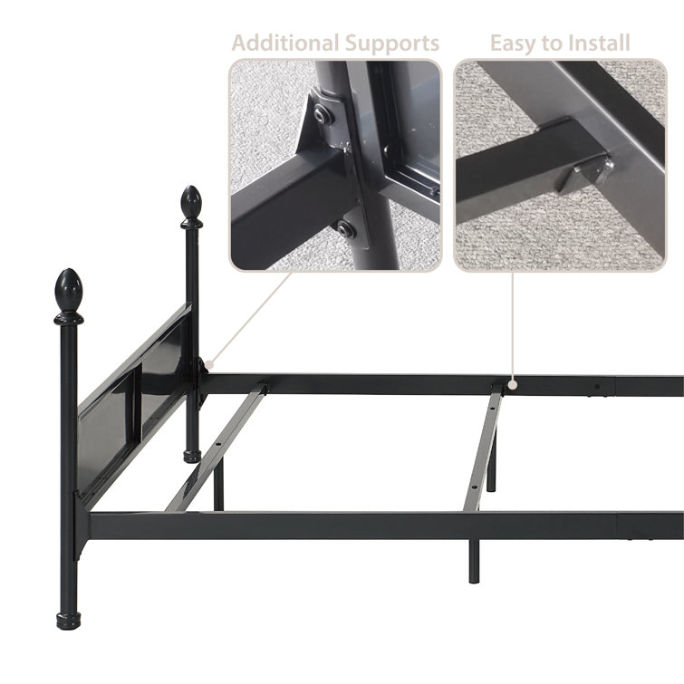 King Black Metal Four Poster Bed with Upholstered Headboard