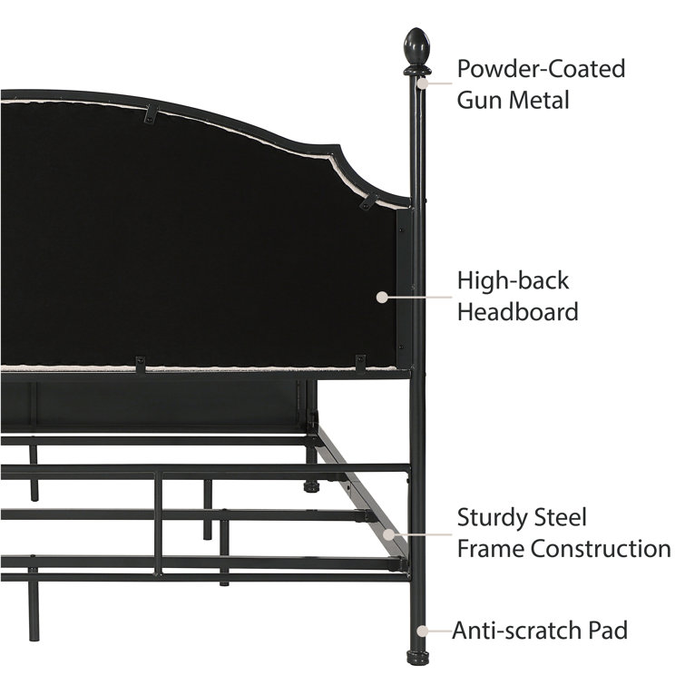 King Black Metal Four Poster Bed with Upholstered Headboard