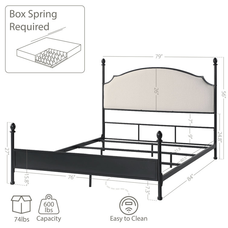 King Black Metal Four Poster Bed with Upholstered Headboard