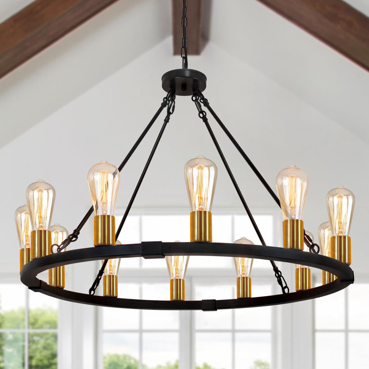 Black and Gold 12-Light Wagon Wheel Chandelier