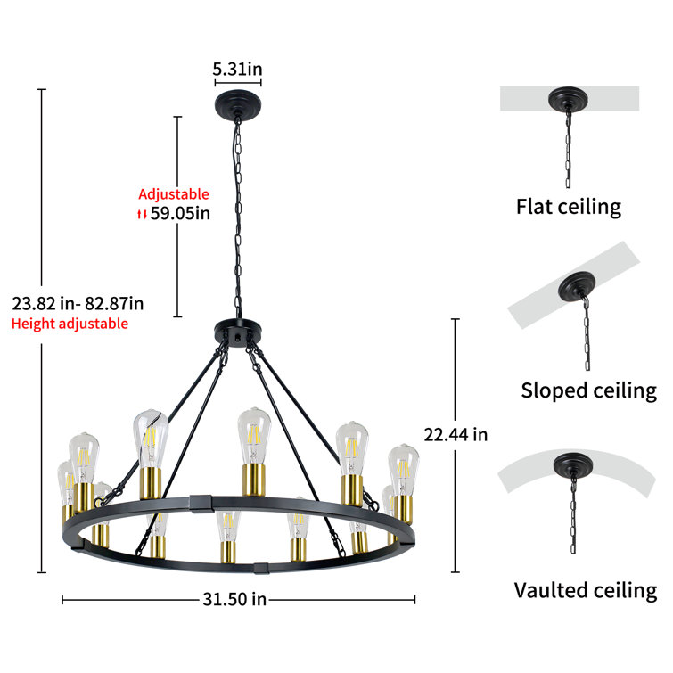 Black and Gold 12-Light Wagon Wheel Chandelier