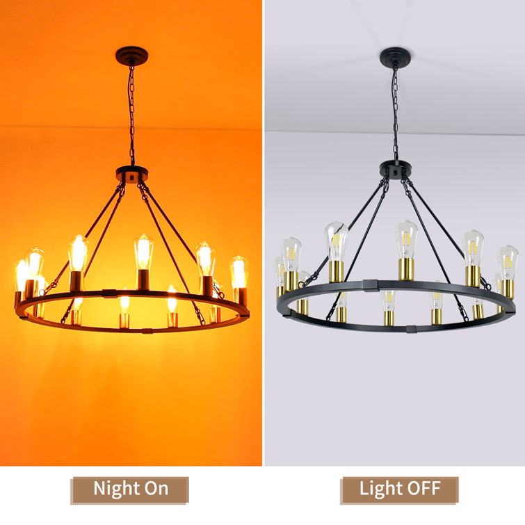 Black and Gold 12-Light Wagon Wheel Chandelier