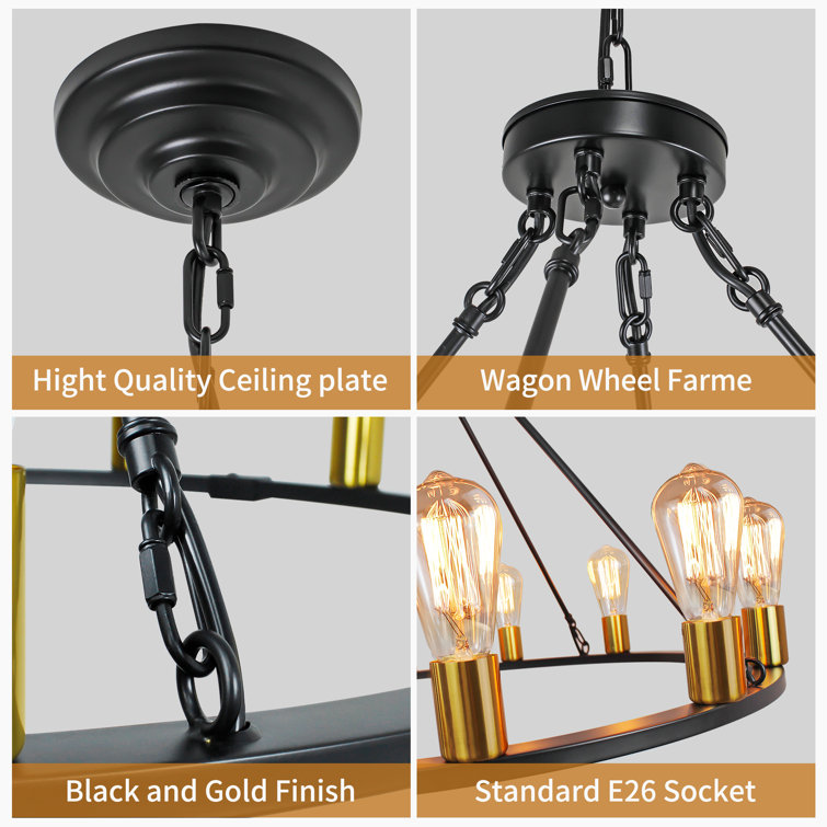 Black and Gold 12-Light Wagon Wheel Chandelier