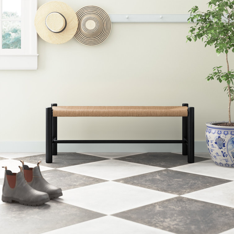 Hawthorn Black Elm Wood Bench with Woven Natural-Fiber Seat