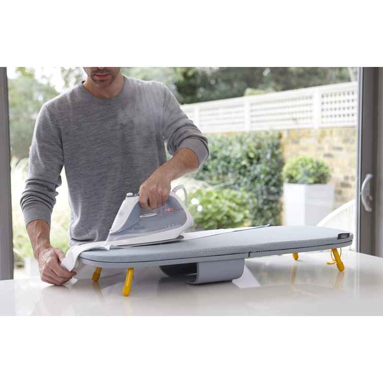 Compact Grey and Yellow Folding Tabletop Ironing Board with Iron Holder