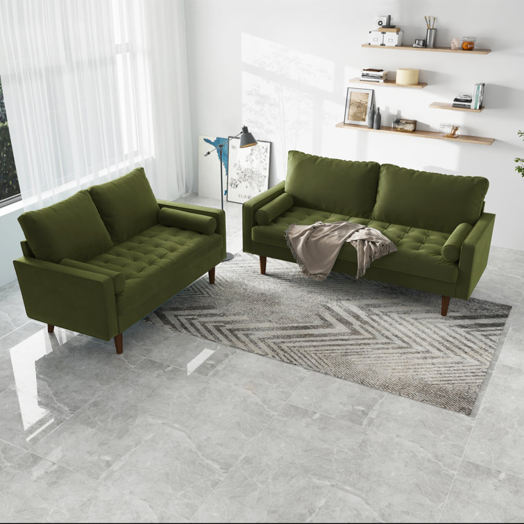Olive Green Velvet Tufted 70'' Sofa with Solid Wood Legs