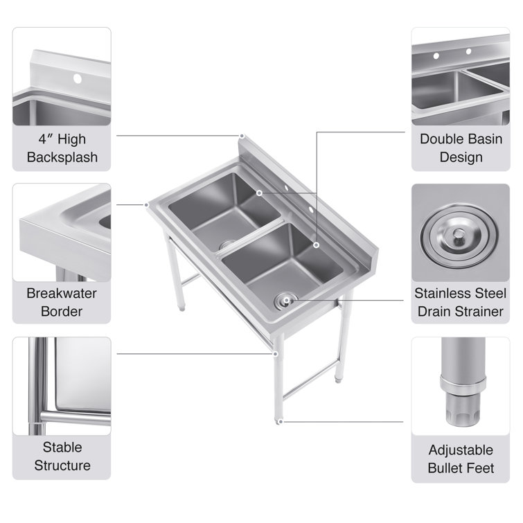 39.4" Stainless Steel Freestanding Double Basin Utility Sink
