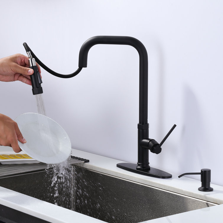 Matte Black Stainless Steel Pull-Out Spray Kitchen Faucet with Soap Dispenser