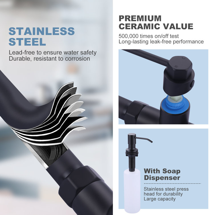 Matte Black Stainless Steel Pull-Out Spray Kitchen Faucet with Soap Dispenser