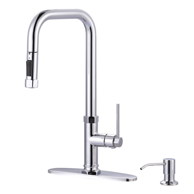 Chrome Single Handle Pull-Out Kitchen Faucet with Soap Dispenser