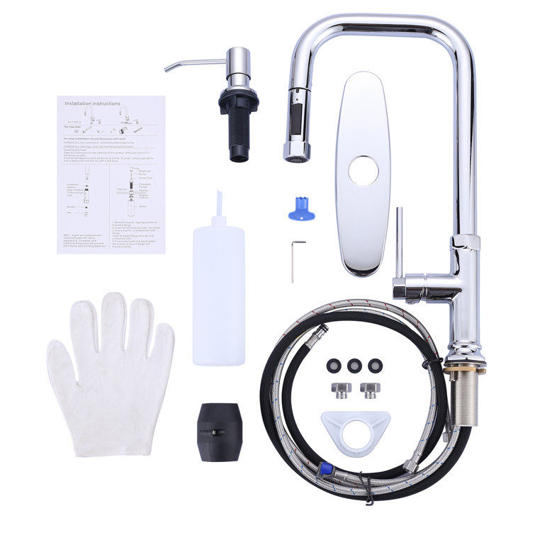 Chrome Single Handle Pull-Out Kitchen Faucet with Soap Dispenser