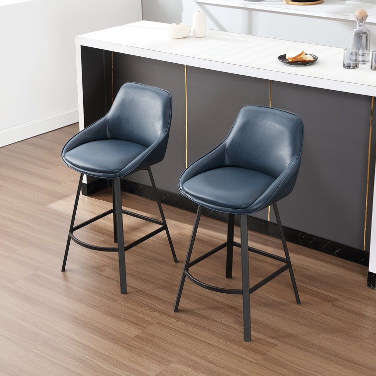 Blue Faux Leather Swivel Counter Stools with Steel Base, Set of 2
