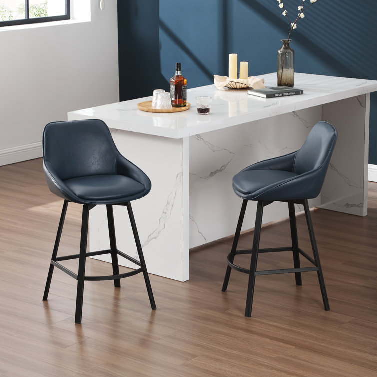 Blue Faux Leather Swivel Counter Stools with Steel Base, Set of 2