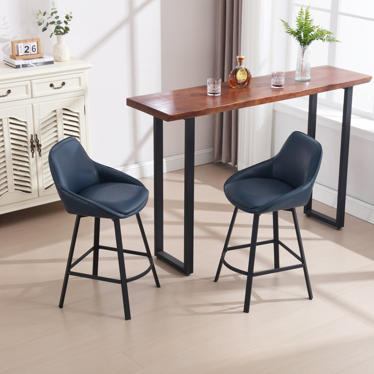 Blue Faux Leather Swivel Counter Stools with Steel Base, Set of 2