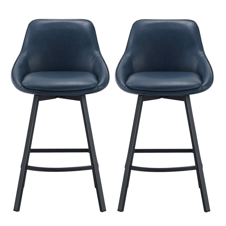 Blue Faux Leather Swivel Counter Stools with Steel Base, Set of 2