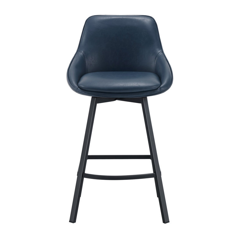 Blue Faux Leather Swivel Counter Stools with Steel Base, Set of 2