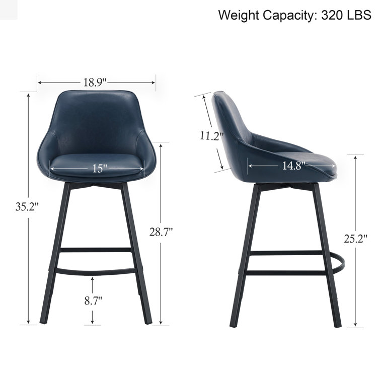 Blue Faux Leather Swivel Counter Stools with Steel Base, Set of 2