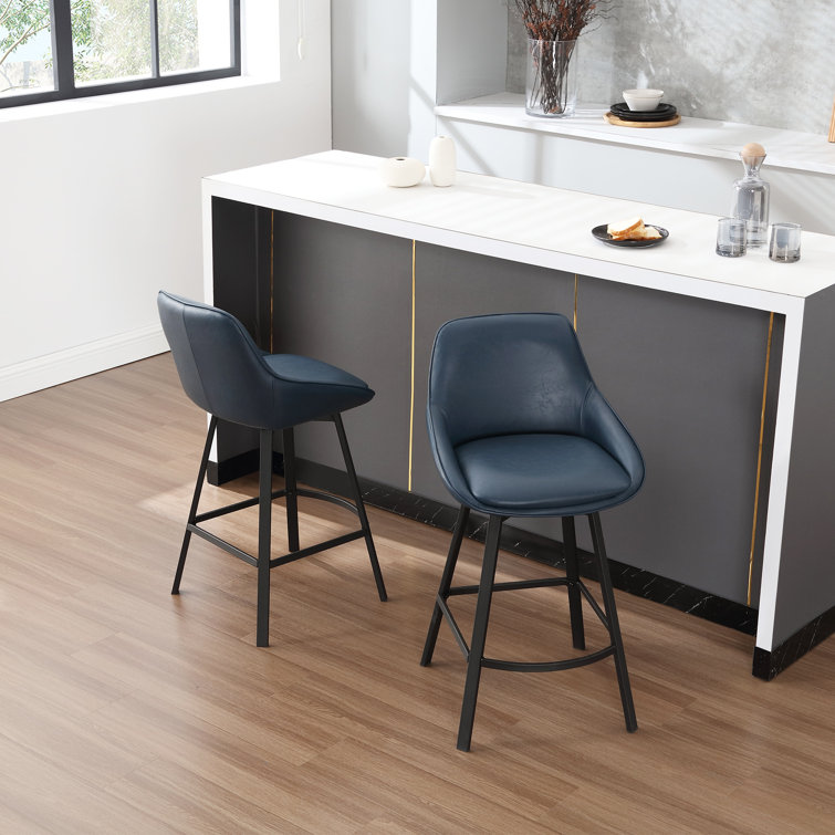 Blue Faux Leather Swivel Counter Stools with Steel Base, Set of 2