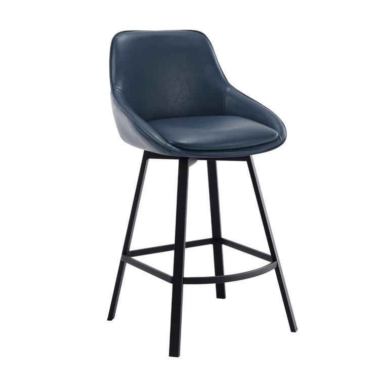 Blue Faux Leather Swivel Counter Stools with Steel Base, Set of 2