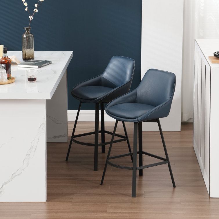 Blue Faux Leather Swivel Counter Stools with Steel Base, Set of 2
