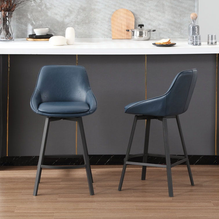 Blue Faux Leather Swivel Counter Stools with Steel Base, Set of 2