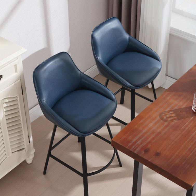 Blue Faux Leather Swivel Counter Stools with Steel Base, Set of 2