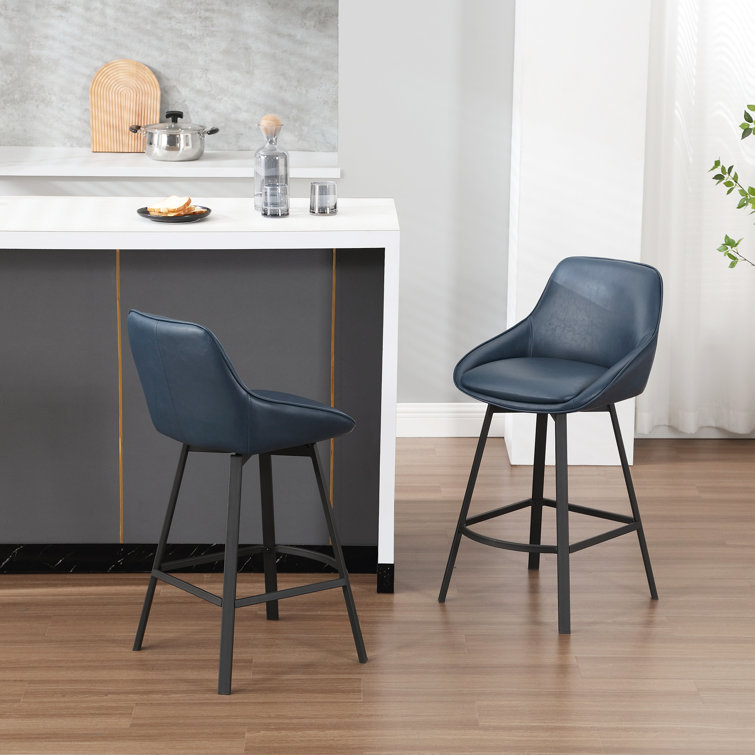 Blue Faux Leather Swivel Counter Stools with Steel Base, Set of 2
