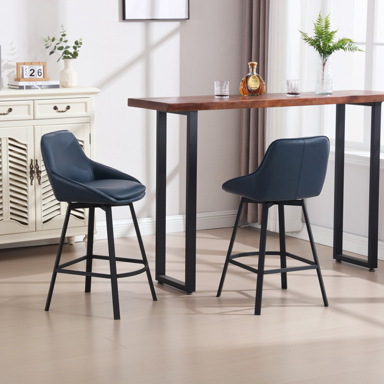 Blue Faux Leather Swivel Counter Stools with Steel Base, Set of 2