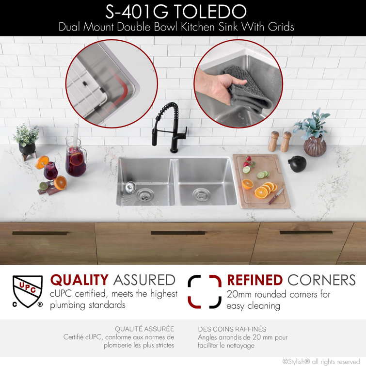 Dual-Bowl Stainless Steel Drop-In Kitchen Sink with Grids
