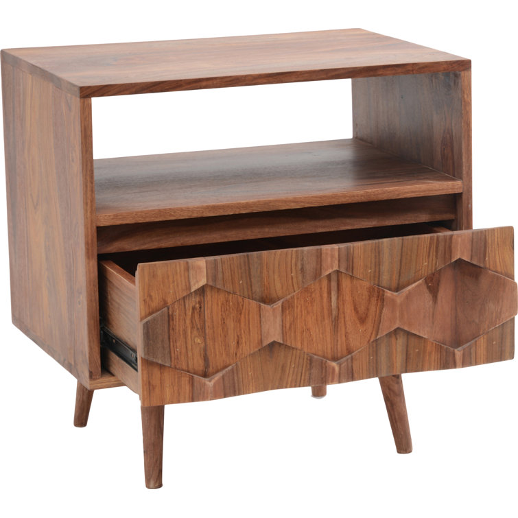 Mid-Century Sheesham Wood 22" Brown Nightstand with Drawer