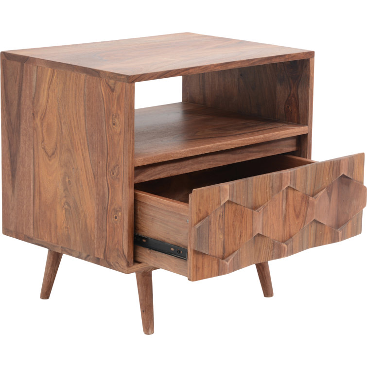 Mid-Century Sheesham Wood 22" Brown Nightstand with Drawer