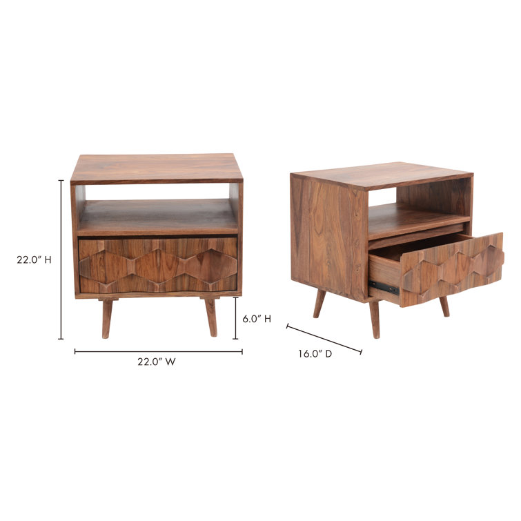 Mid-Century Sheesham Wood 22" Brown Nightstand with Drawer