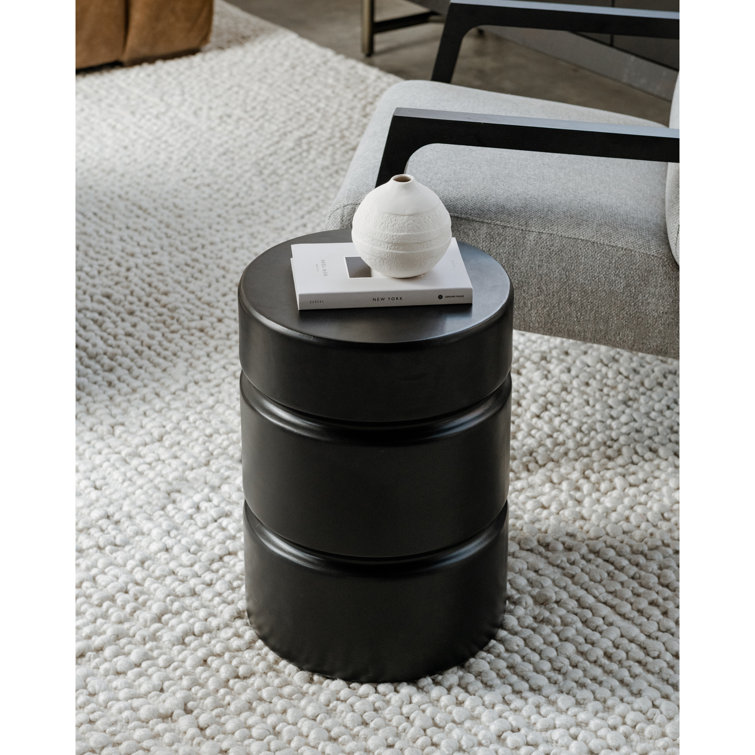 Black Round Concrete Drum End Table