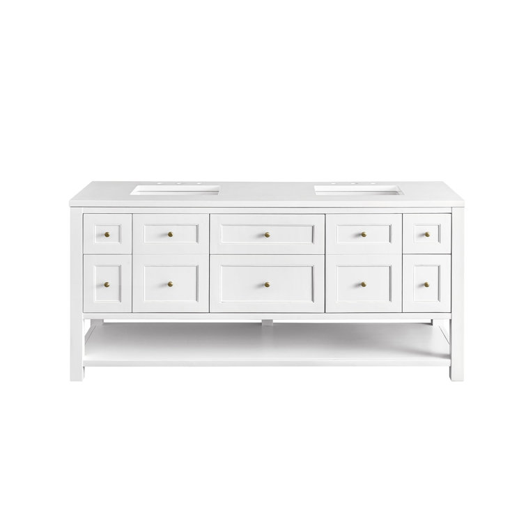 Bright White Solid Wood Double Vanity with Brass Knobs
