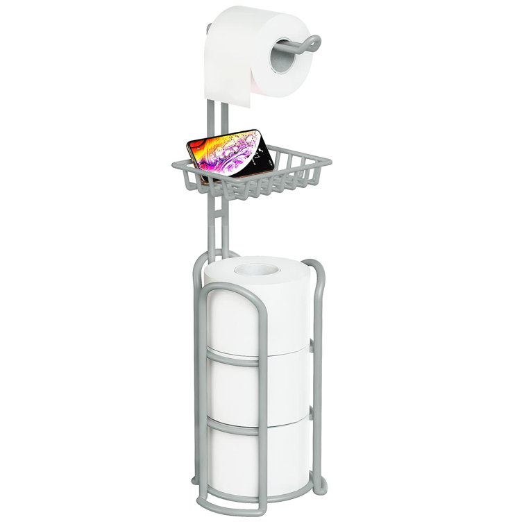 Silver Gray Freestanding Toilet Paper Holder with Shelf and Storage