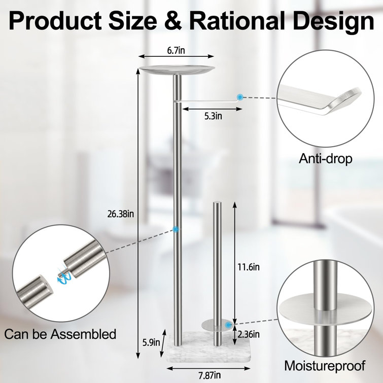 Brushed Nickel Free Standing Toilet Paper Holder with Marble Base