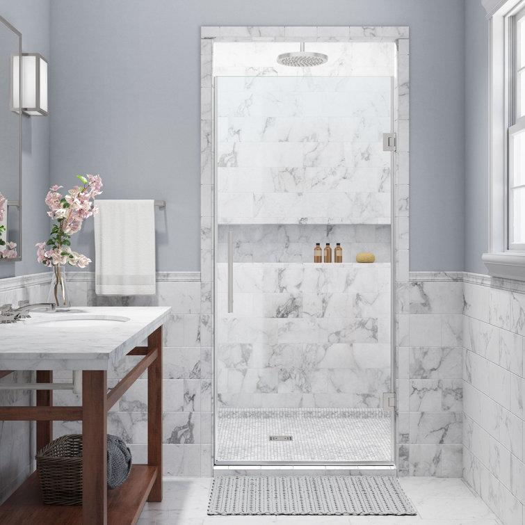 Kinkade Frameless Hinged Shower Door with Clear Tempered Glass and Chrome Hardware