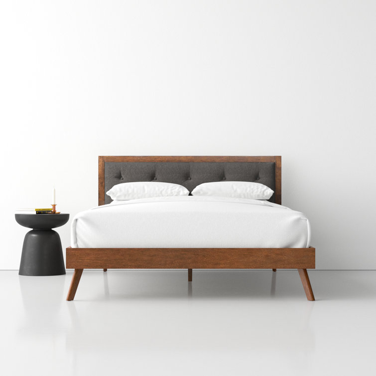 Walnut King Platform Bed with Tufted Grey Upholstery