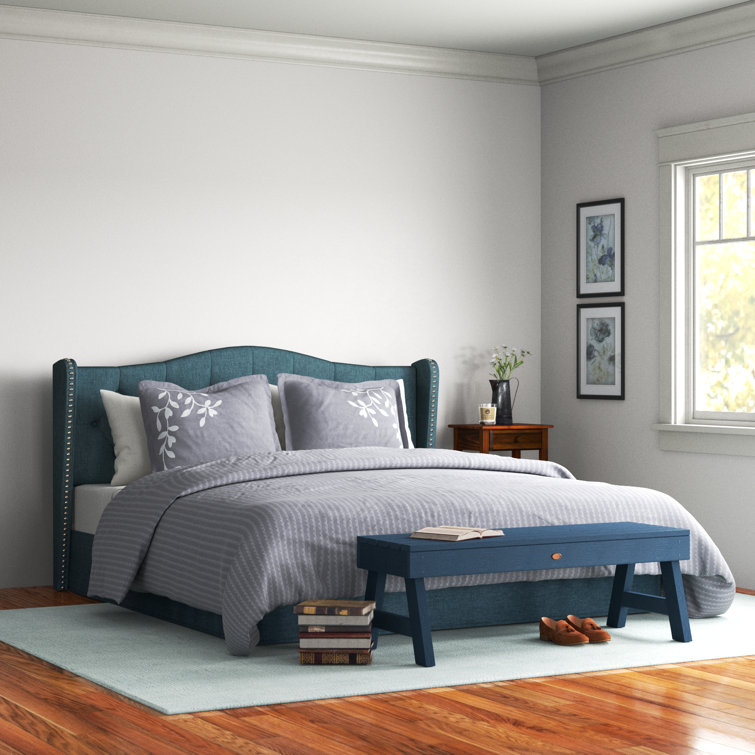 Navy Blue King Upholstered Wingback Storage Bed with Nailhead Trim